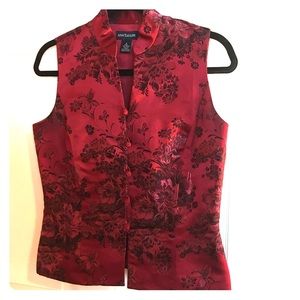 Ann Taylor Red Satin Brocade Mandarin-style Top